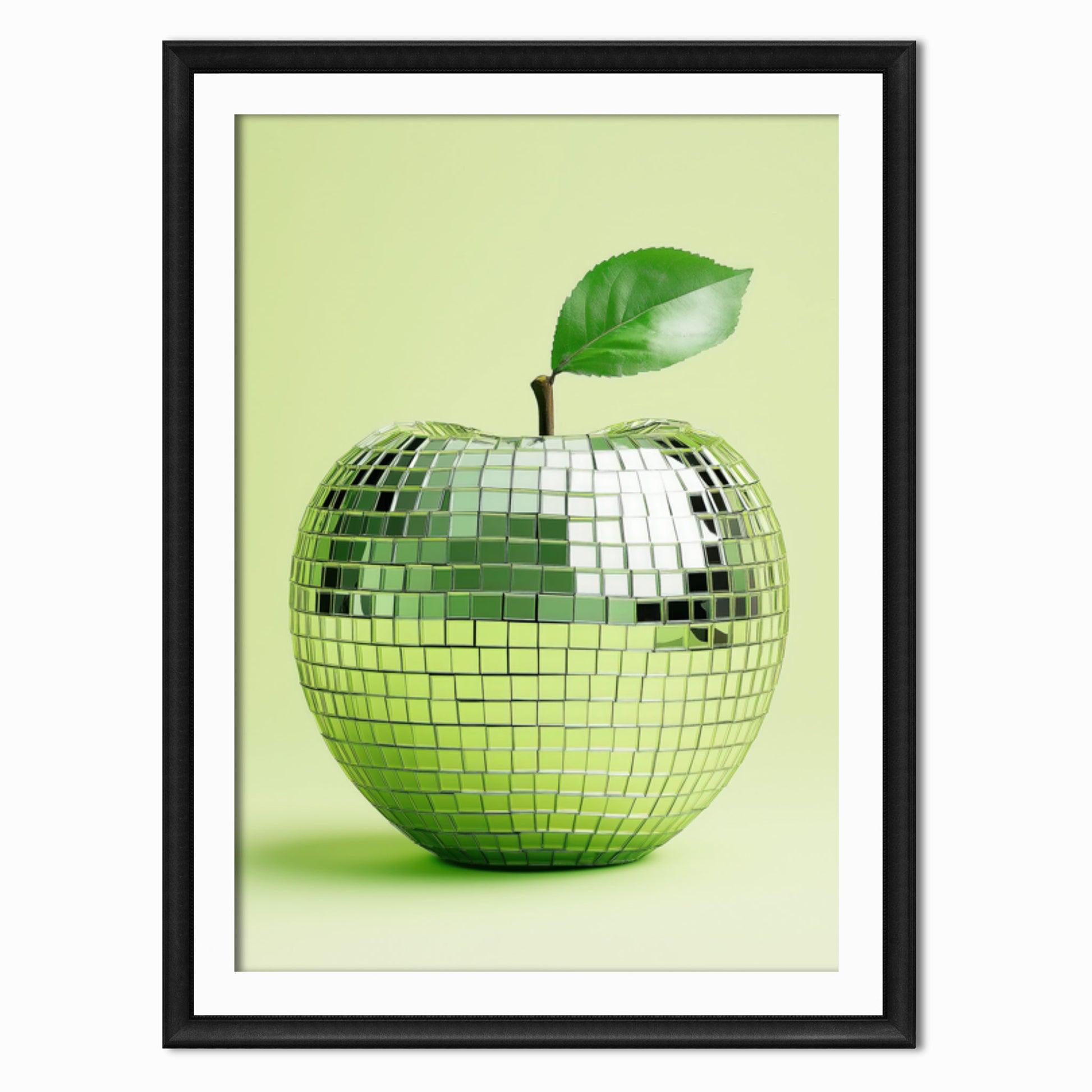 Art print of a green apple in the shape of a disco ball shown in a black frame