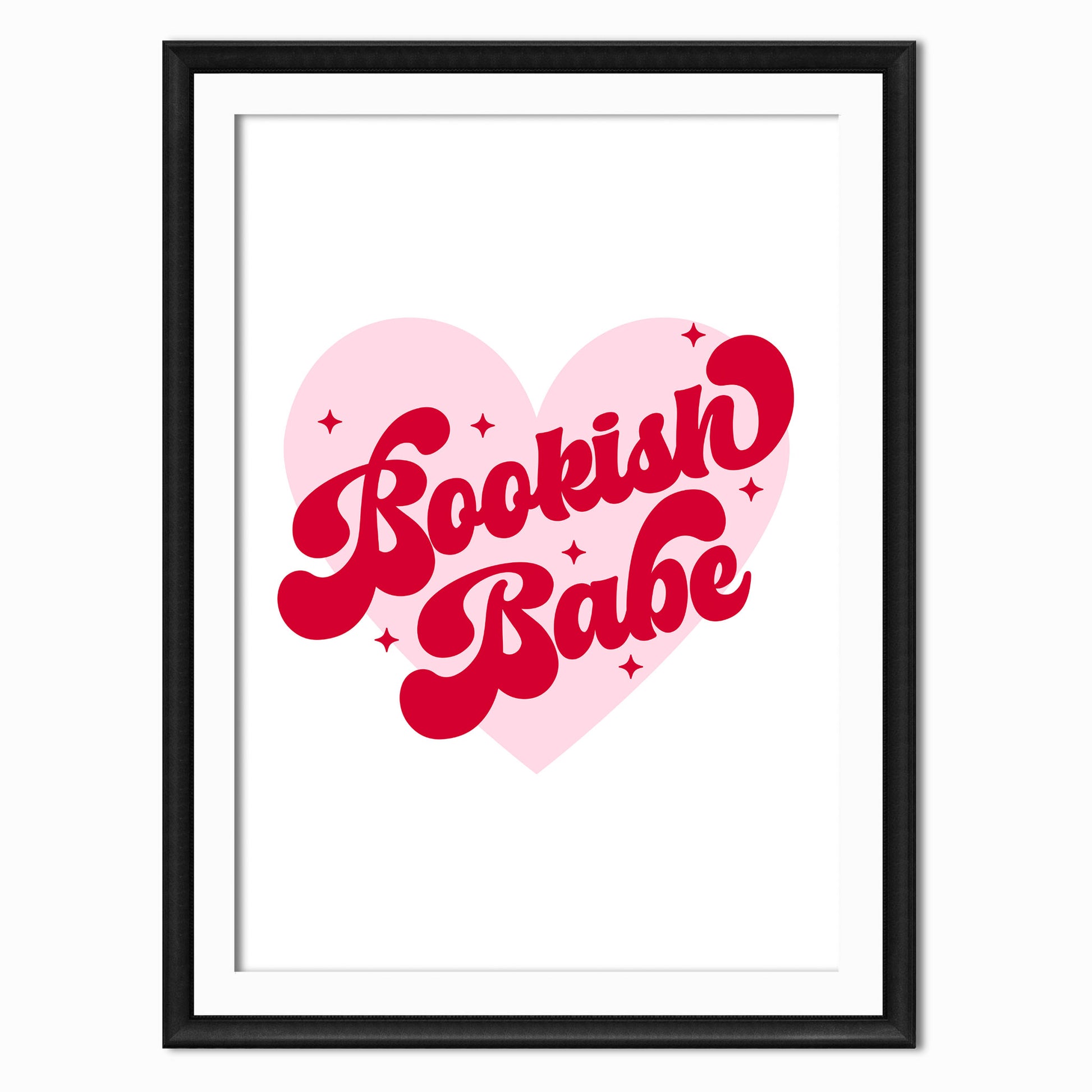 a print with a quote that says bookish babe in a red retro font with a pink love heart behind it