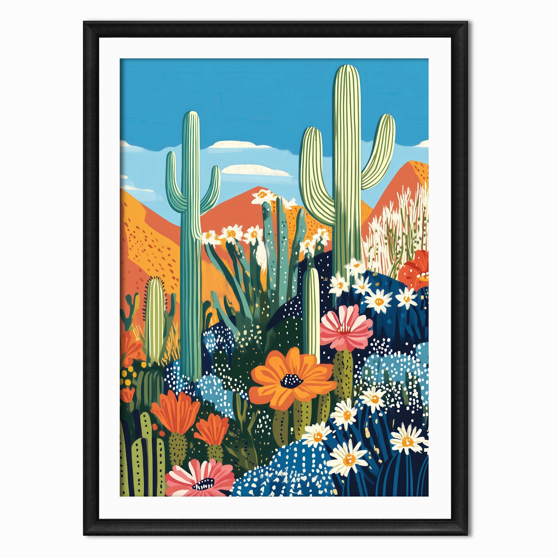 illustration print of a cactus landscape scene with lots of wild desert flowers