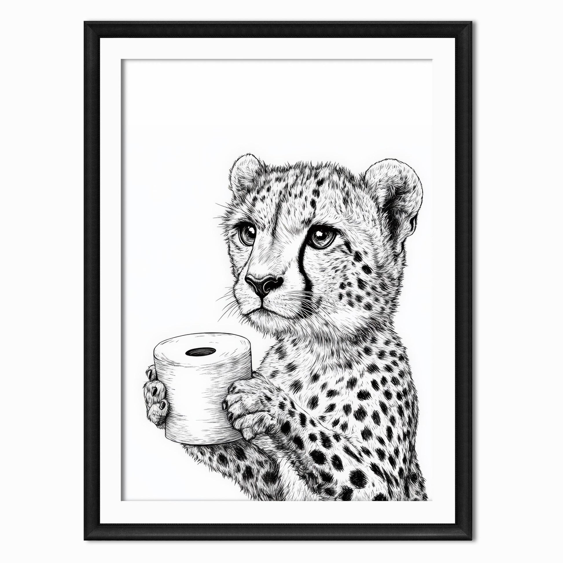 sketch print in black and white of a cheetah holding a toilet roll, shown in a black frame
