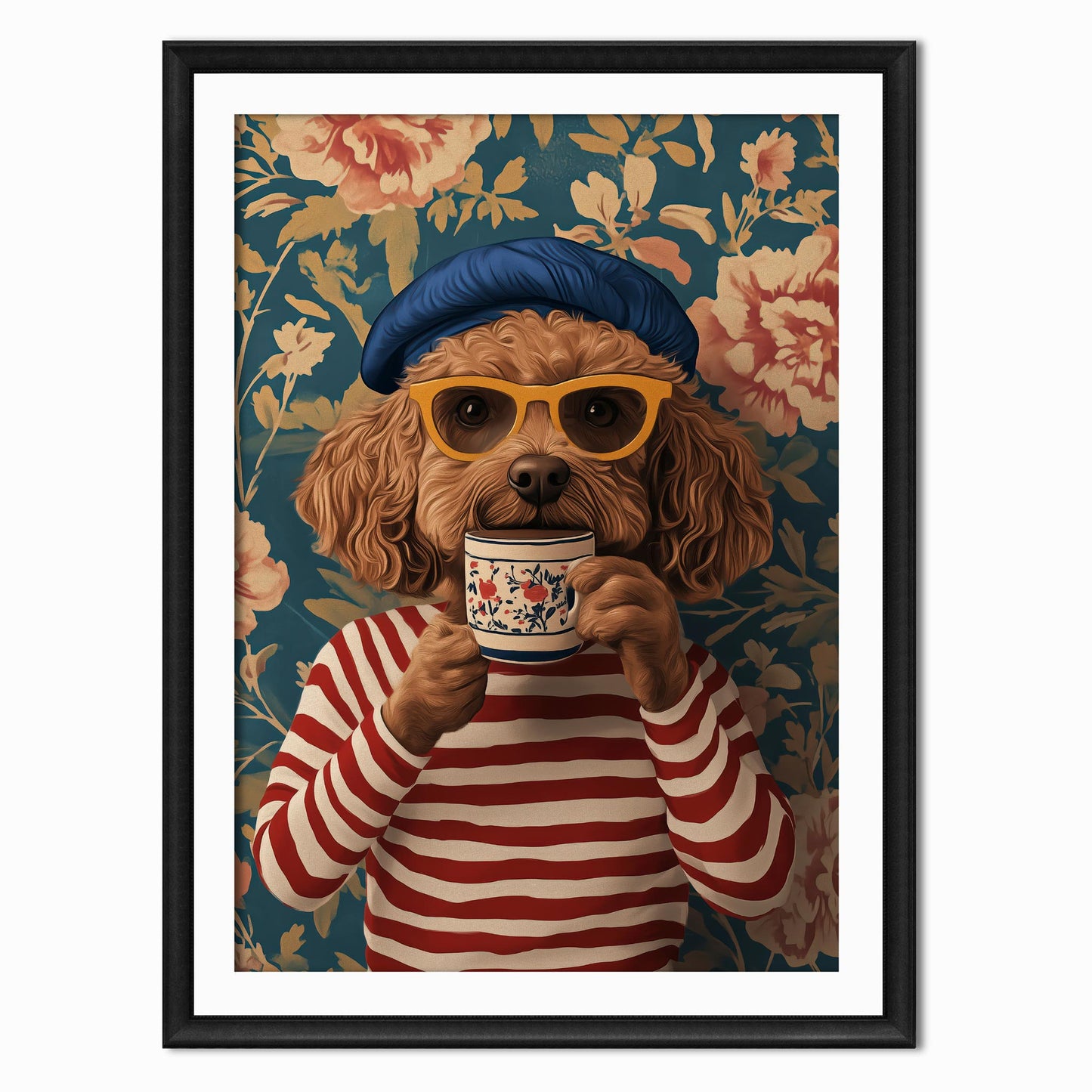 print of a cockpoo dog drinking coffee in a vintage style