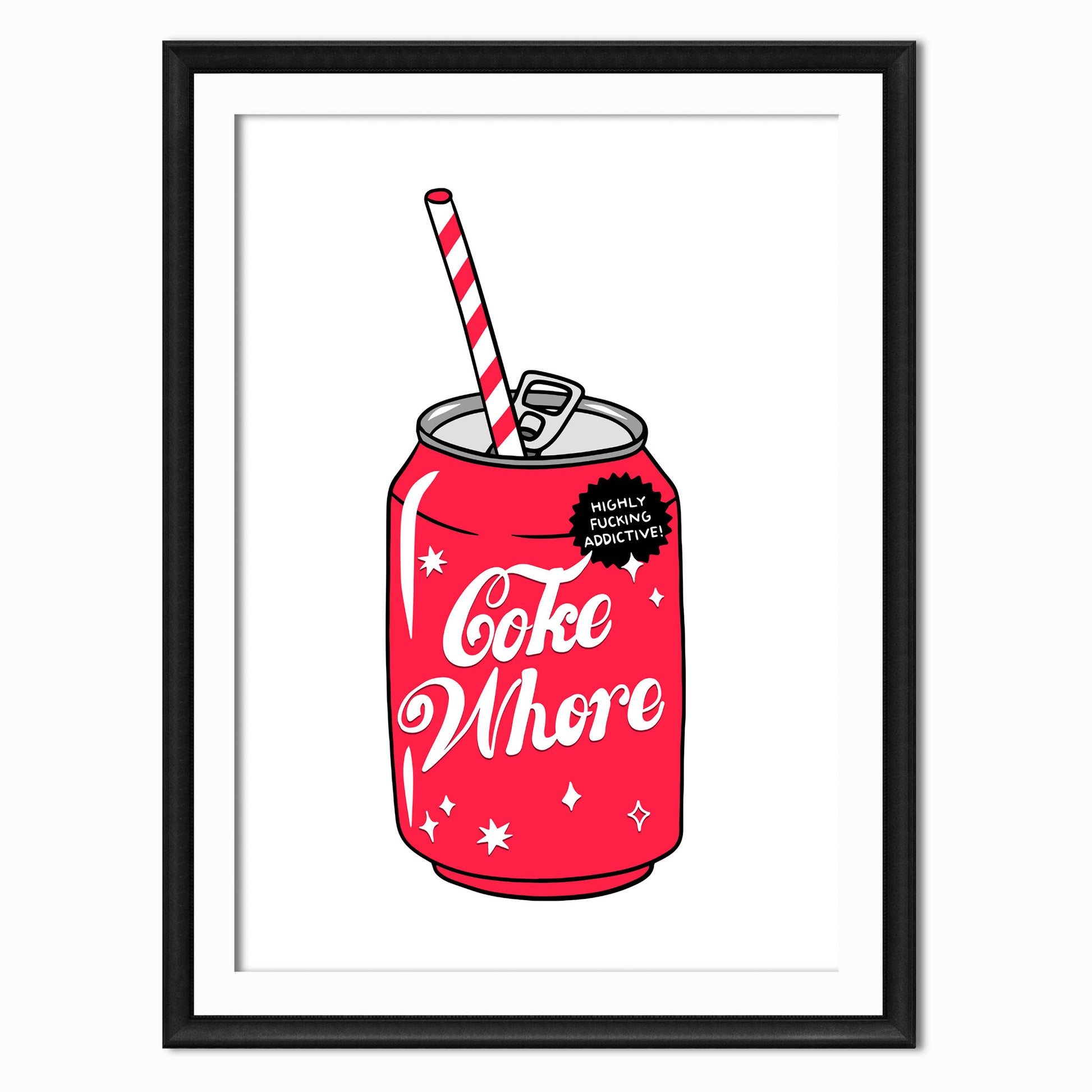 funny art print of a red can of cola that says coke whore on it
