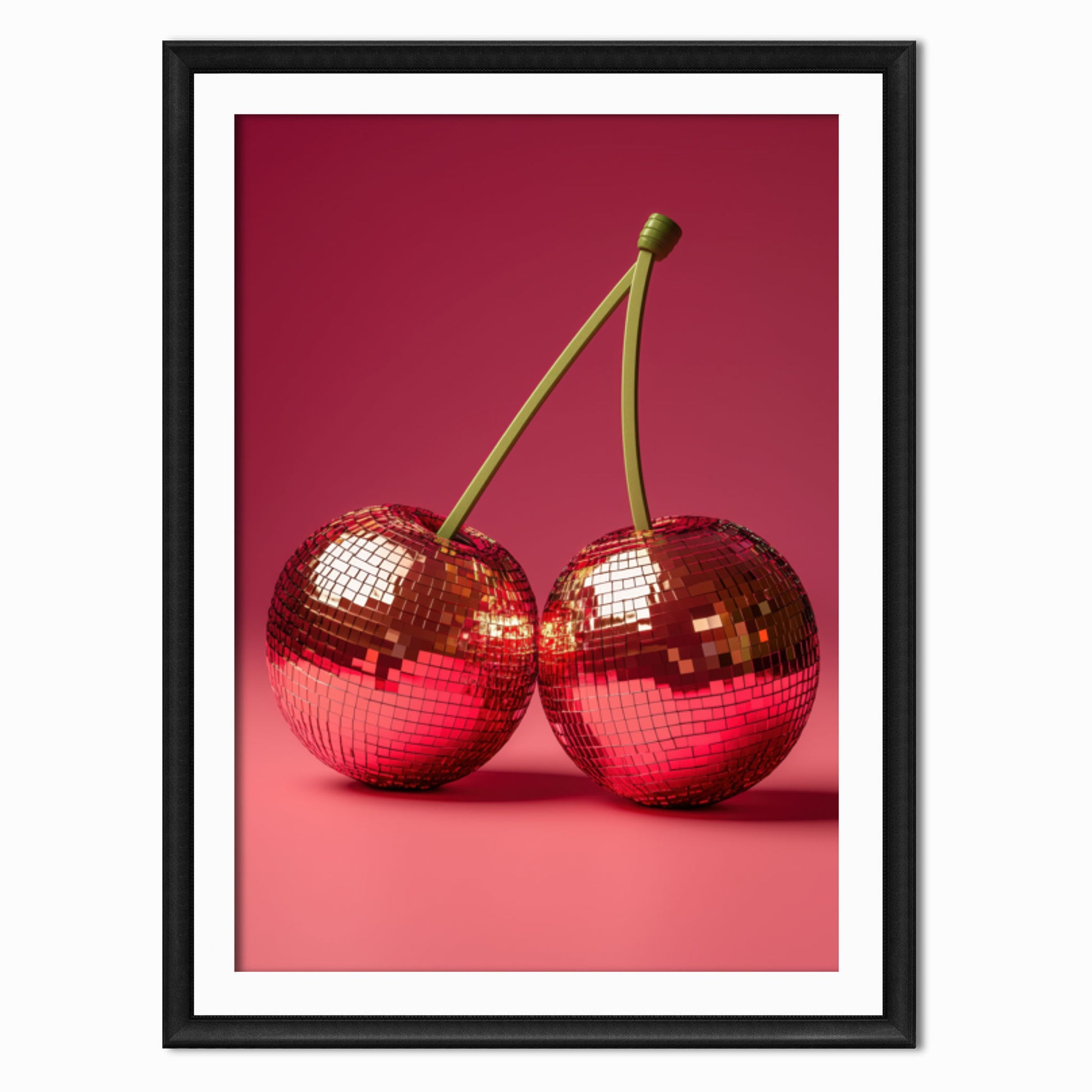 a photography style print of two cherries that look like disco balls, with a red studio background