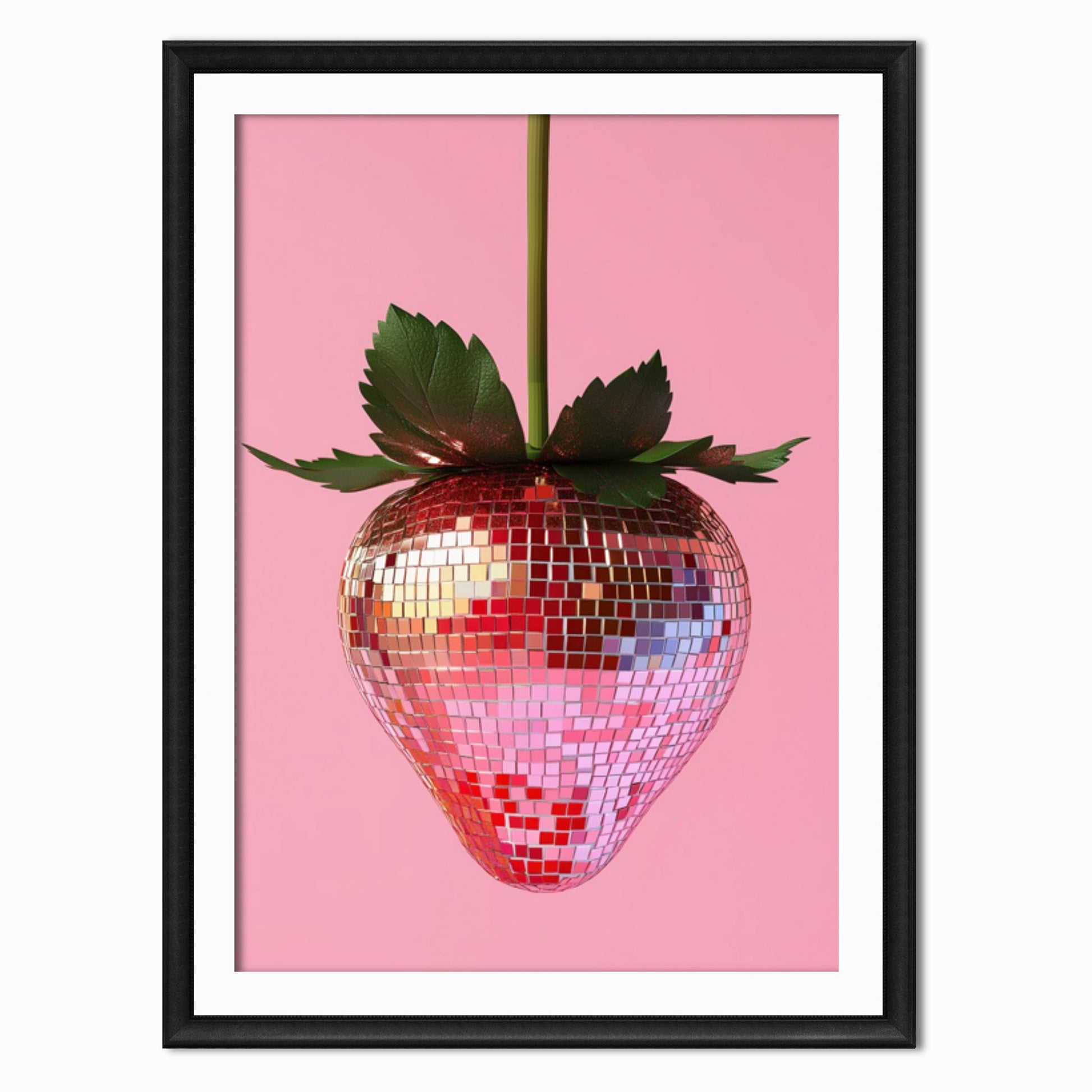 art print of a strawberry in the shape of a disco ball against a pink background