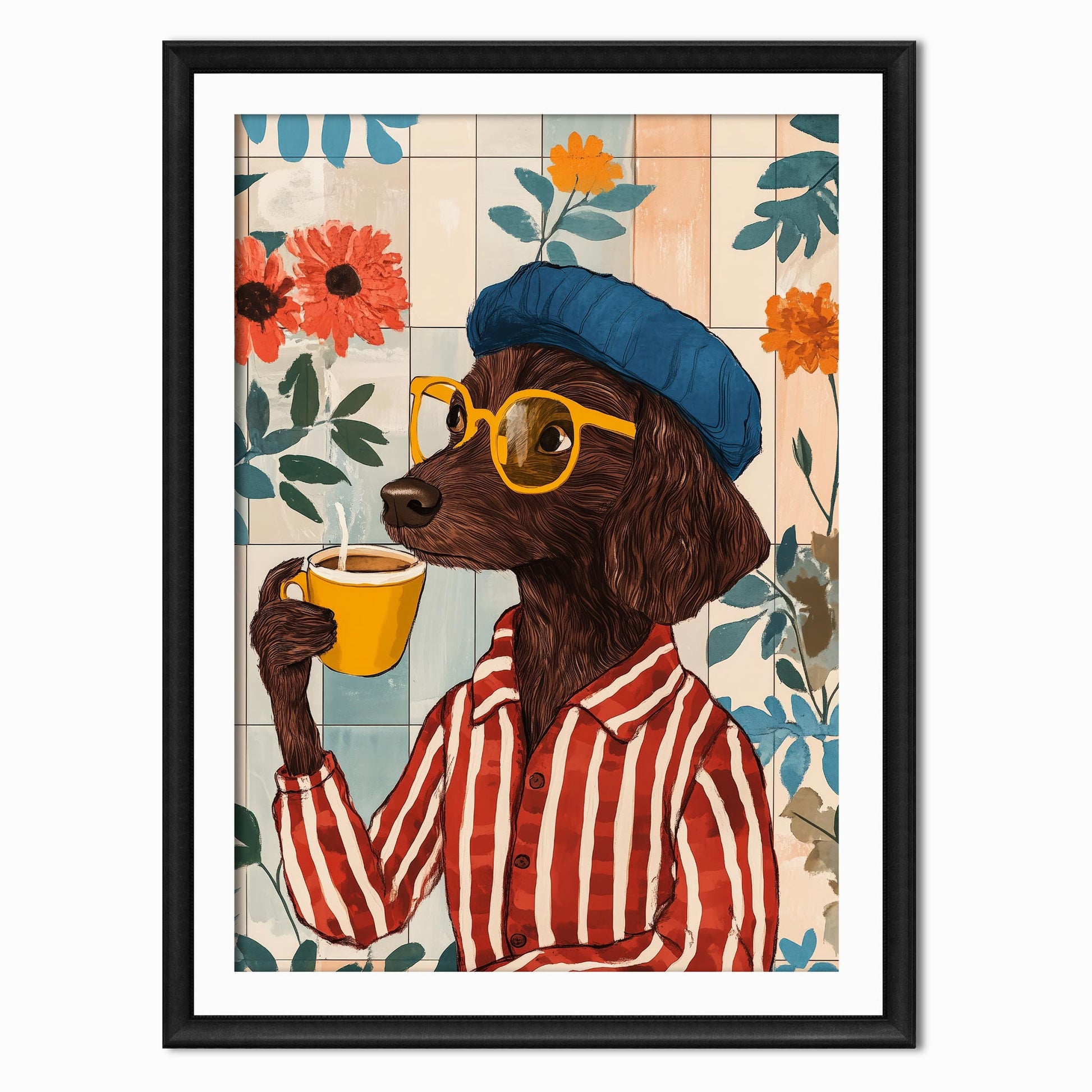 an illustration print of a brown dog drinking a cup of coffee wearing a hat, glasses and a striped shirt
