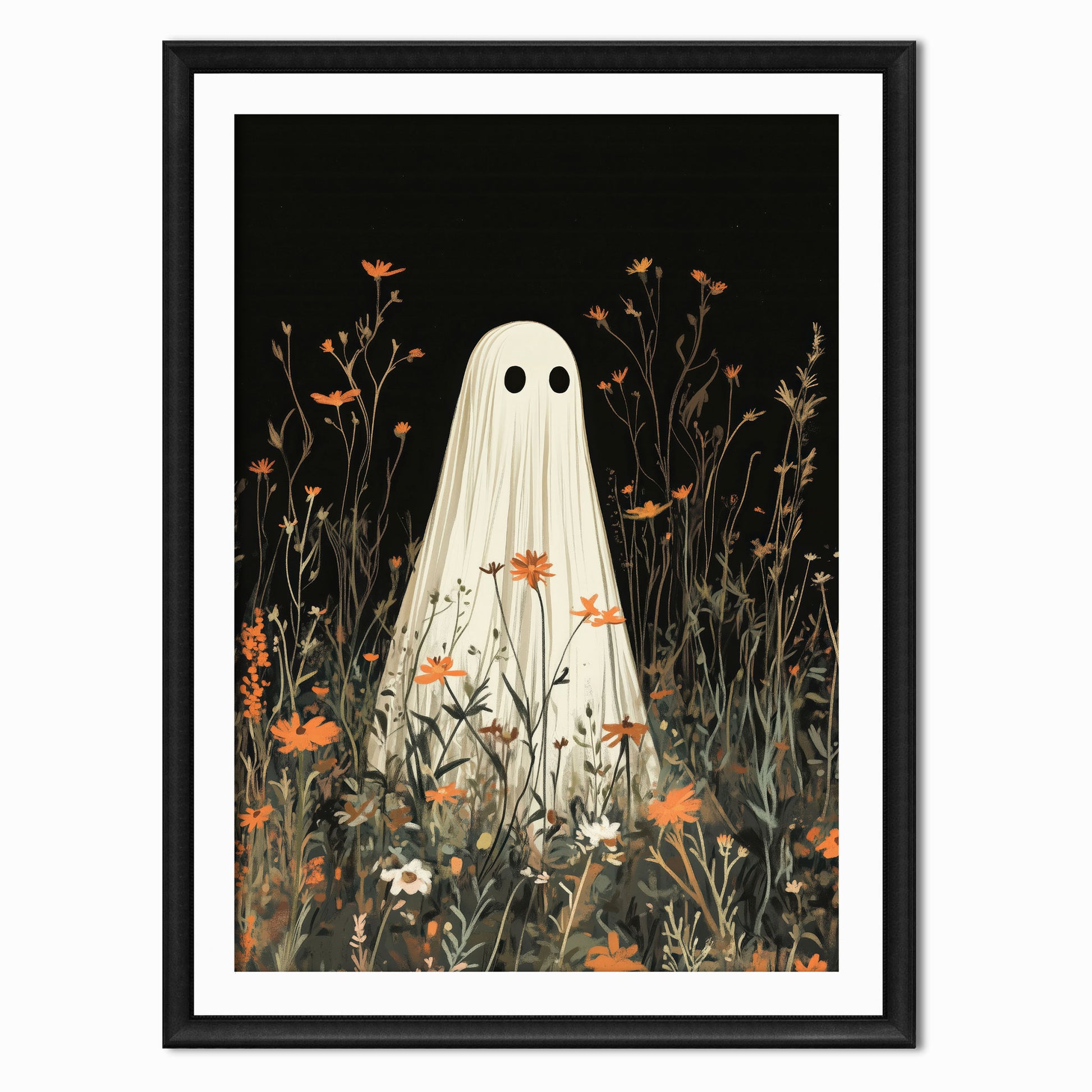 art print of a ghost in a field of wild flowers at night