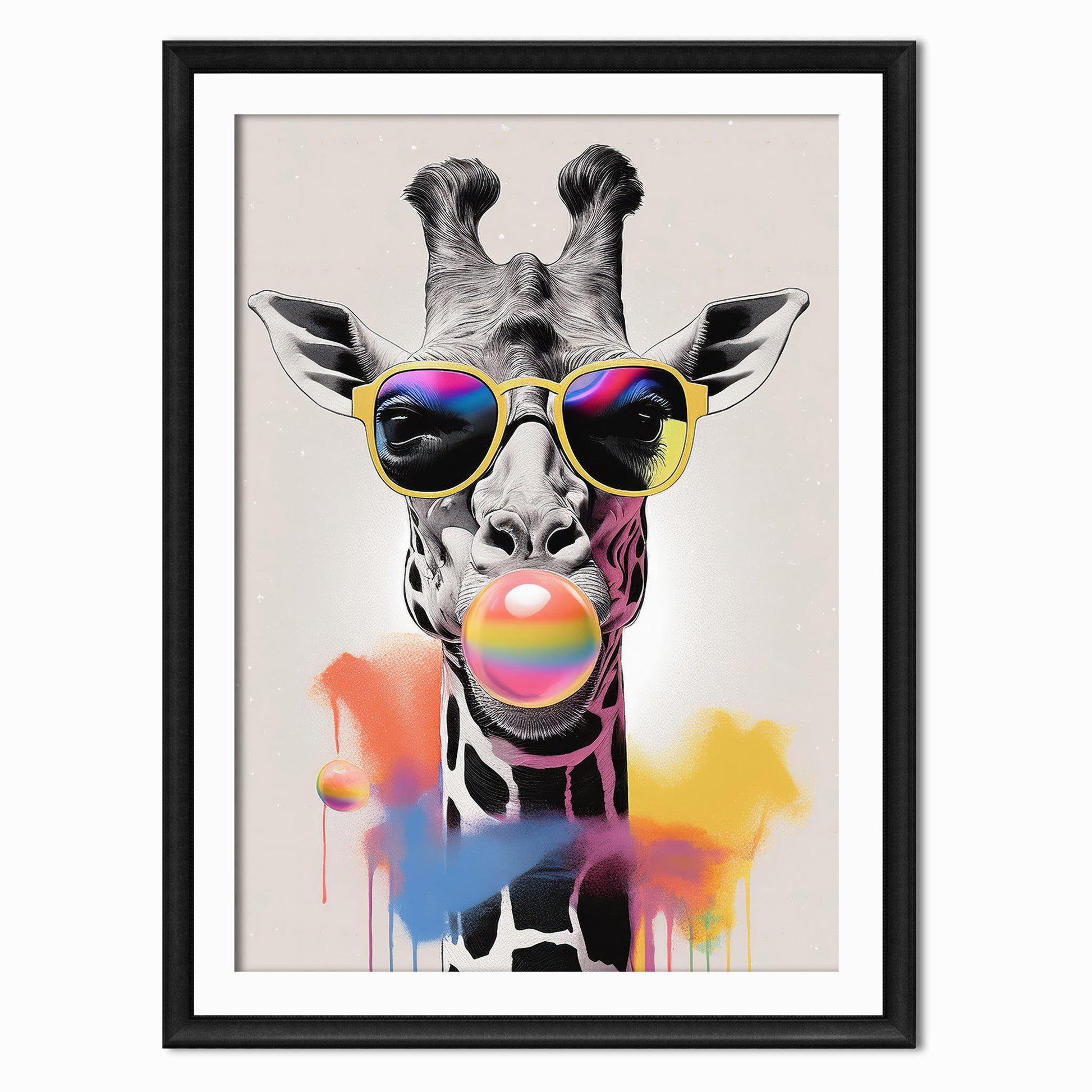 an art print of a sketched giraffe blowing a rainbow bubble of bubblegum with colourful spray paint splatters shown in a black frame