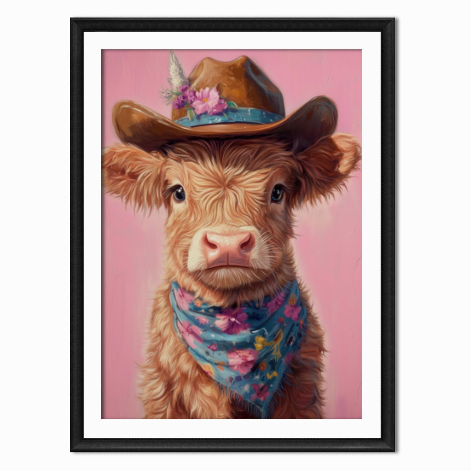 art print of a highland cow calf in a cowboy hat a western style scarf with a pink background