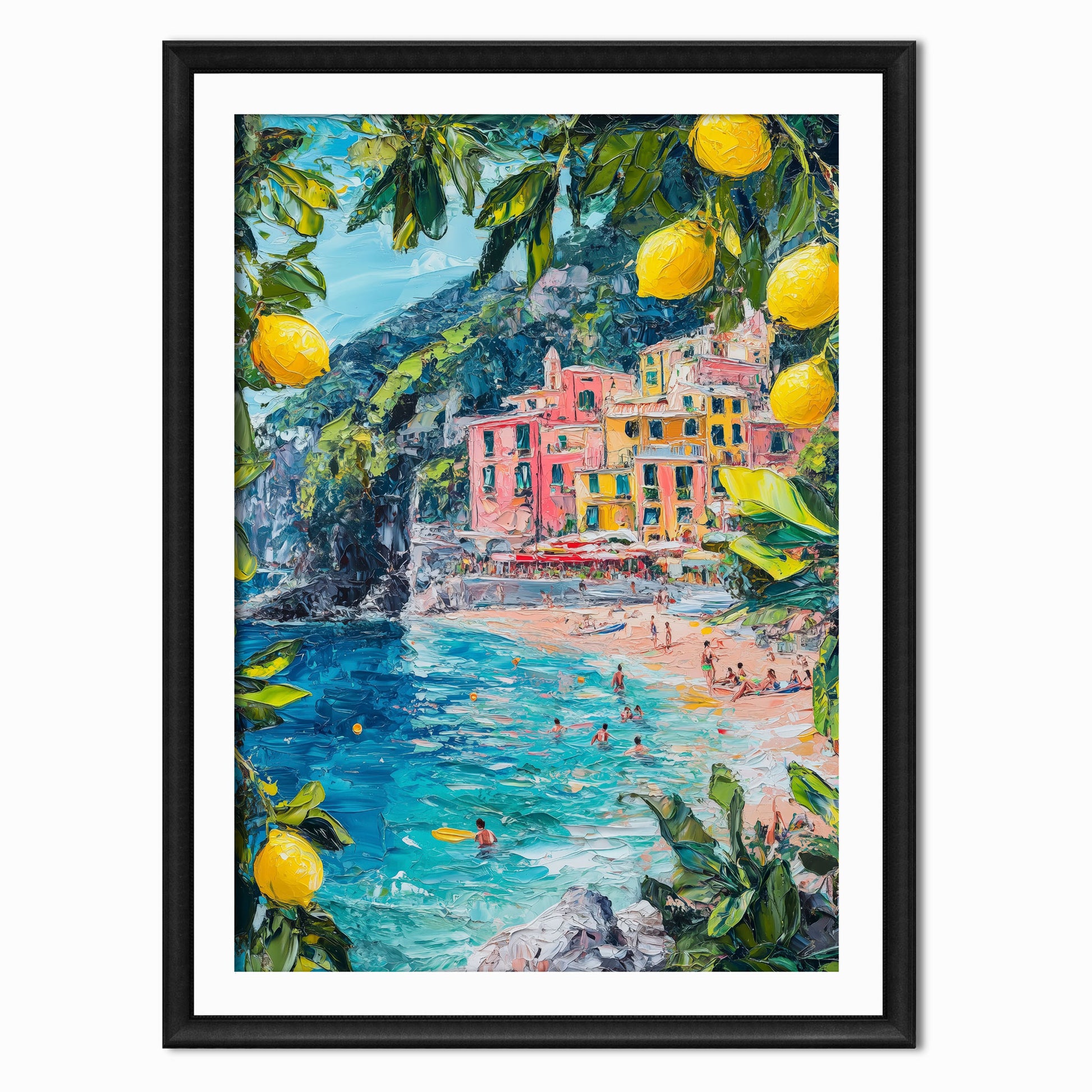 an art print of a beach in a beautiful Mediterranean country with lemon trees in the foreground