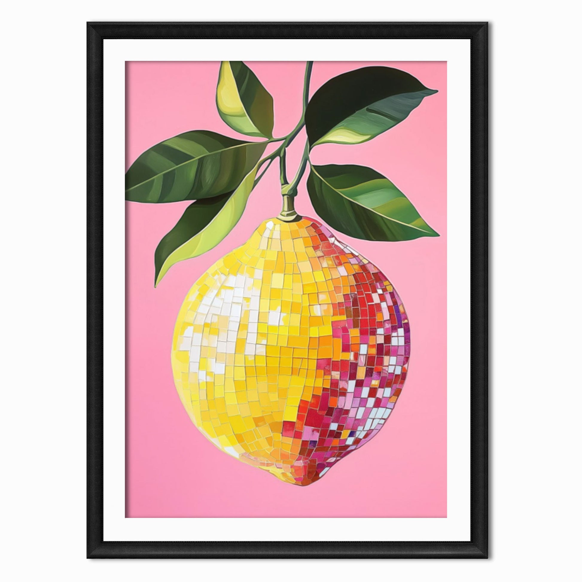 art print of a lemon the shape of a disco ball against a pink background