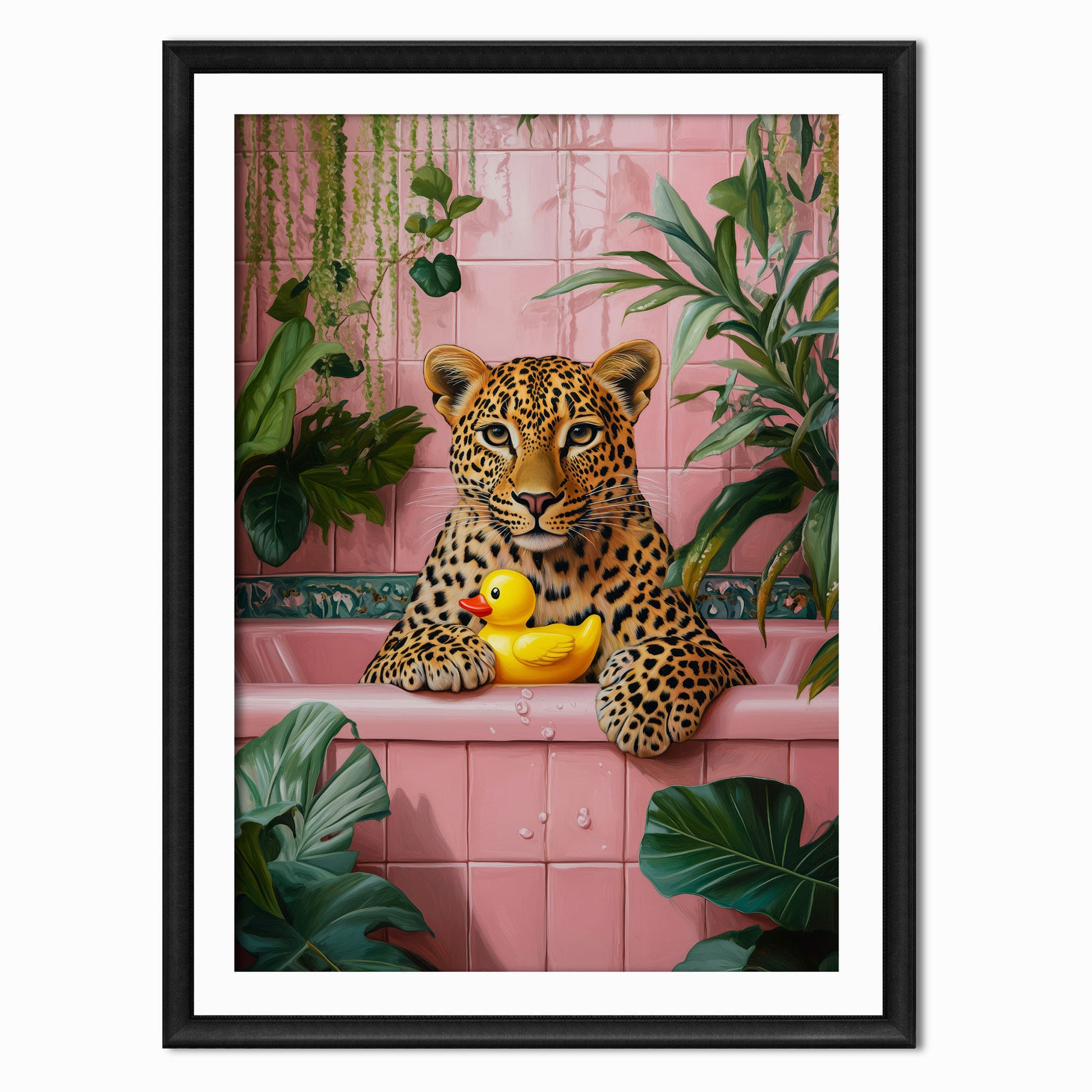 an art print of a cheetah in a pink bath with a rubber duck and jungle leaves around him