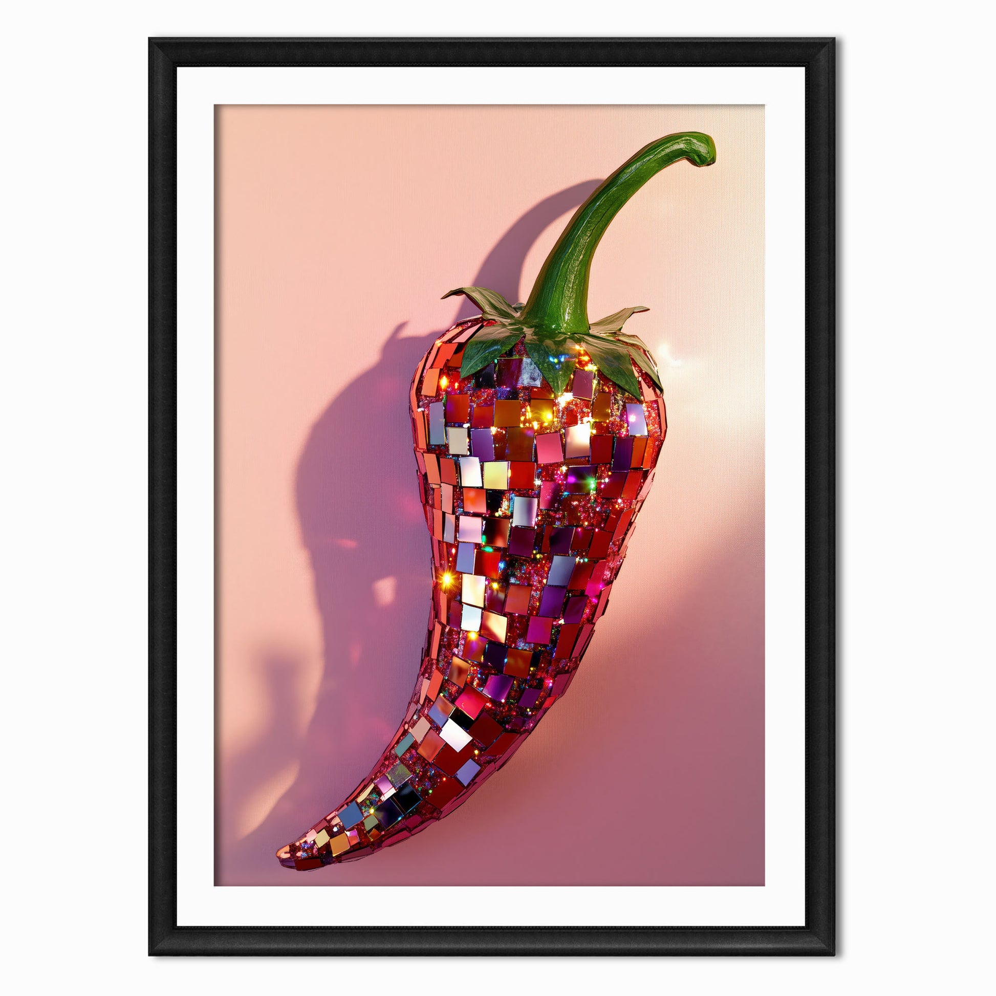 a print of a chilli pepper covered in disco ball squares with a pink background