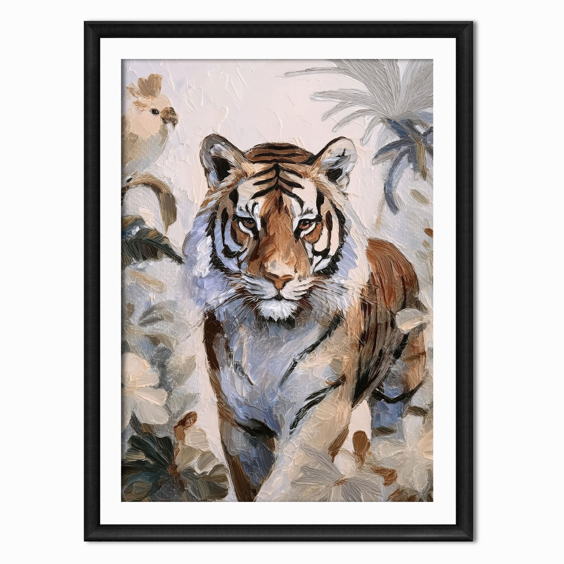 neutral acrylic painting of a tiger walking through a jungle