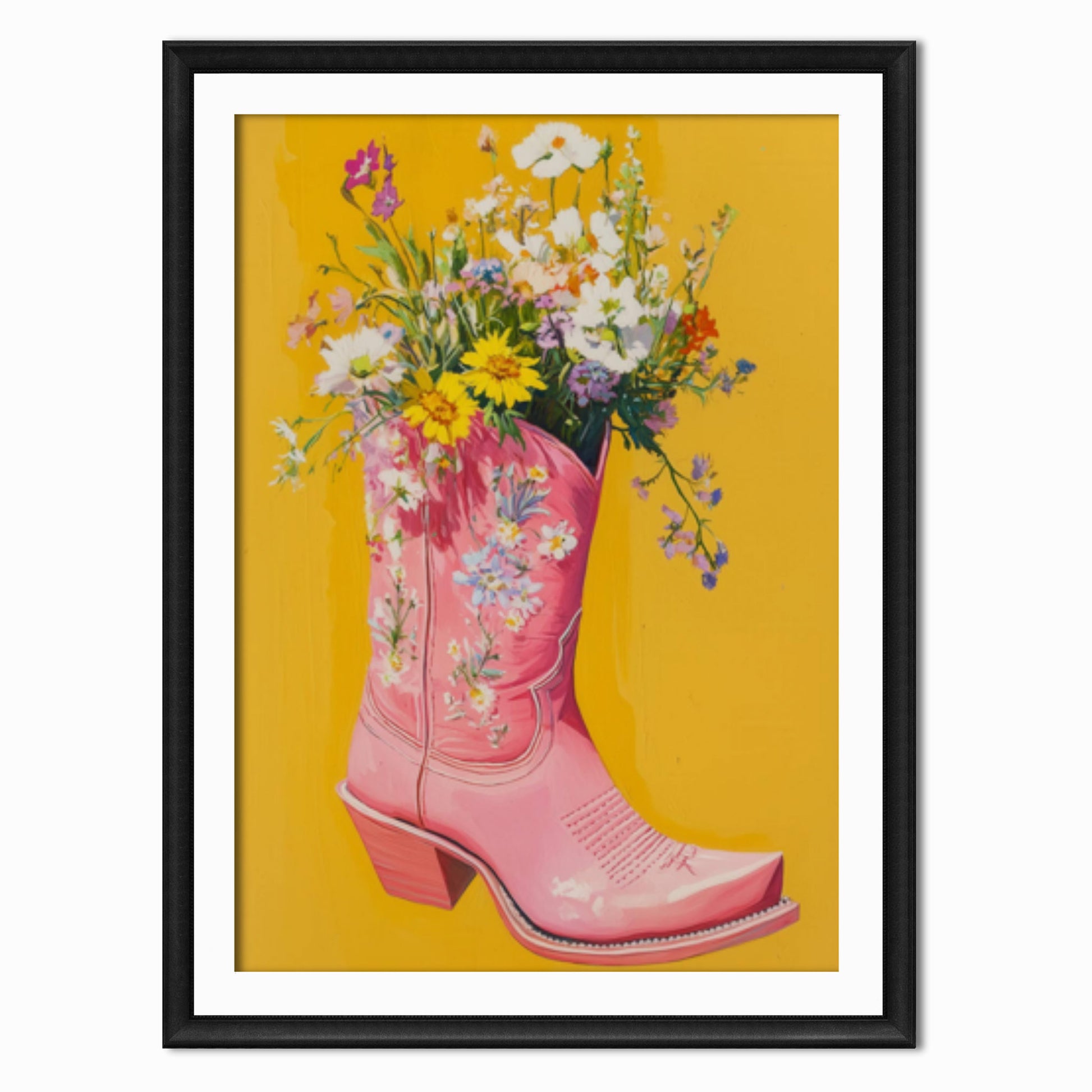 an art print of a pink cowboy boot with wild flowers in it on a yellow background