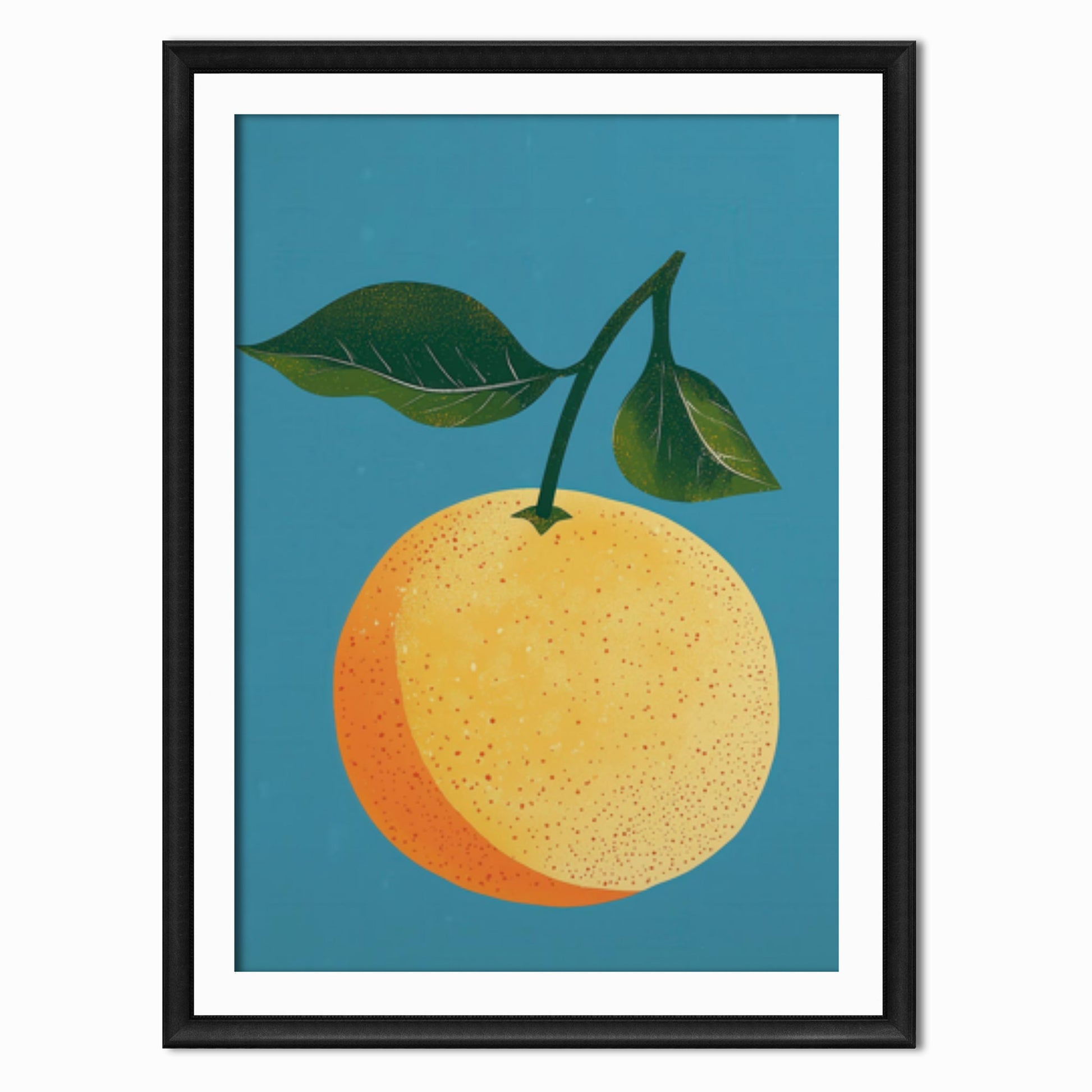 an art print in a retro style of an orange with a blue background