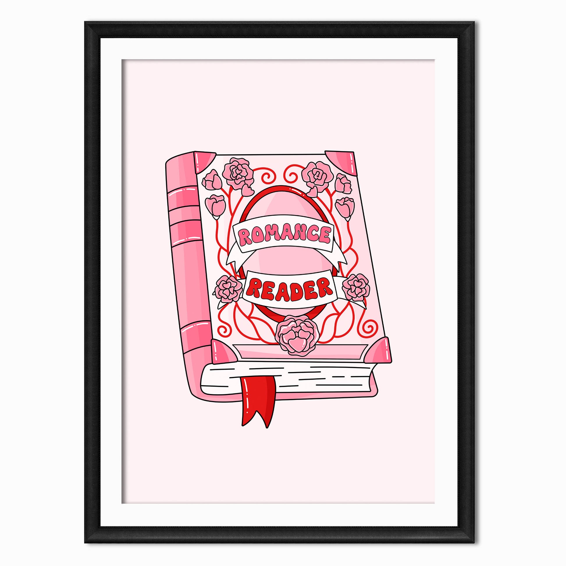 pink and red book themed art print that says Romance Reader in a black frame