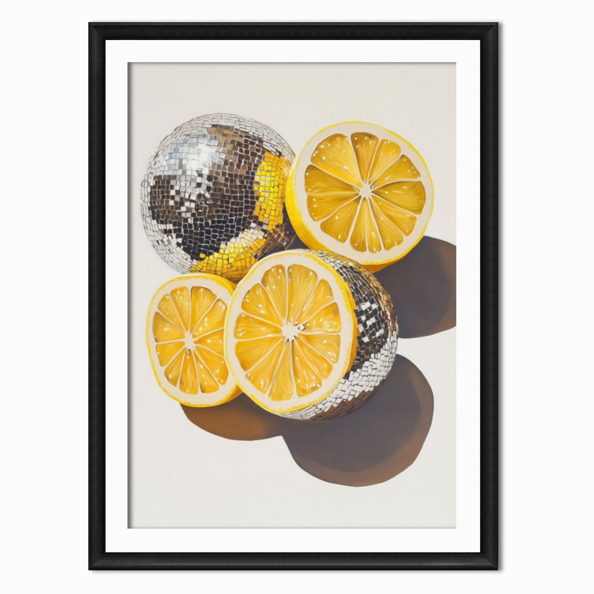 an art print of slice lemons that look like silver mirror balls on the outside
