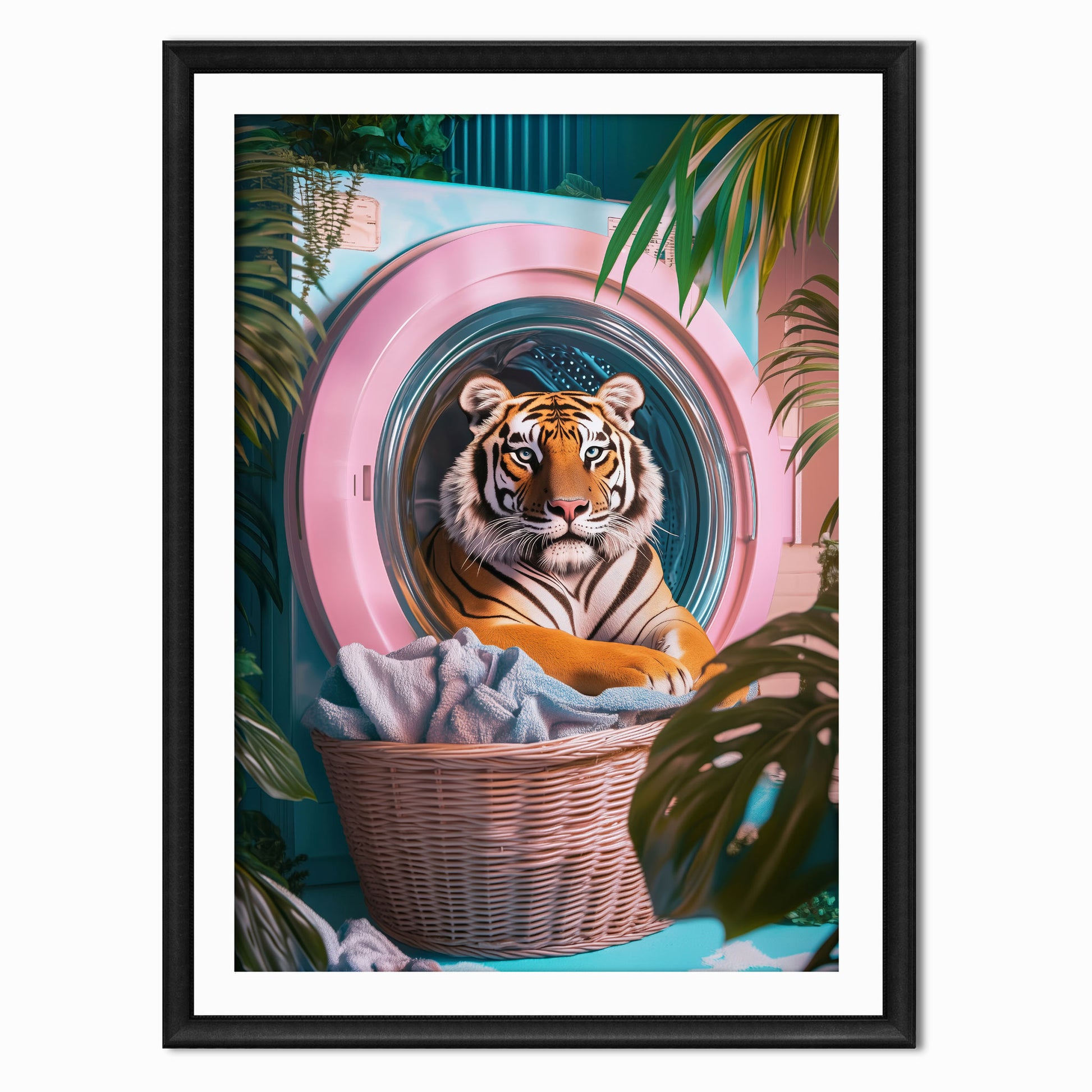 an eclectic print of a Bengal tiger in a pink washing machine surrounded by jungle leaves and a basket of washing.