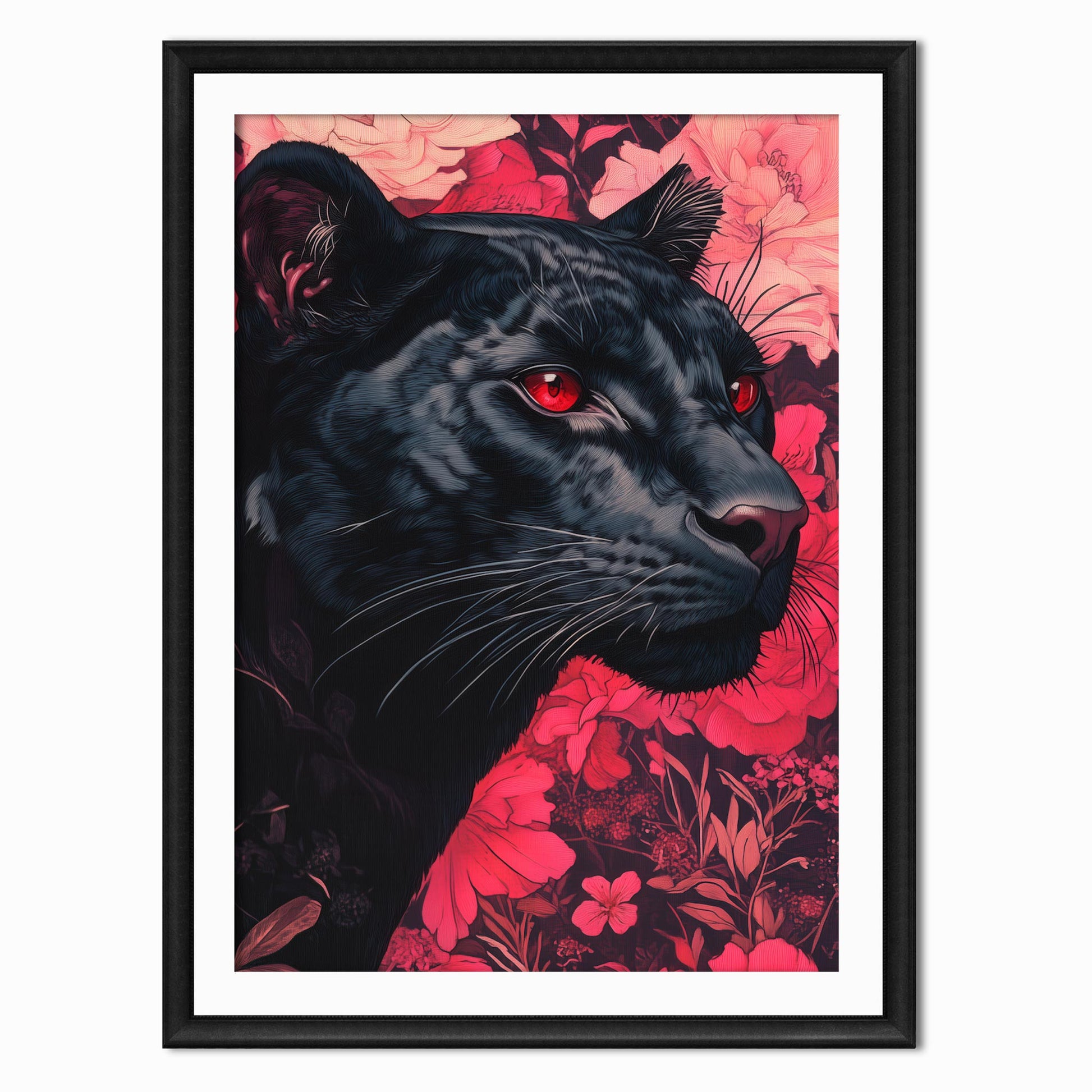 an art print of a black panther with a red floral background