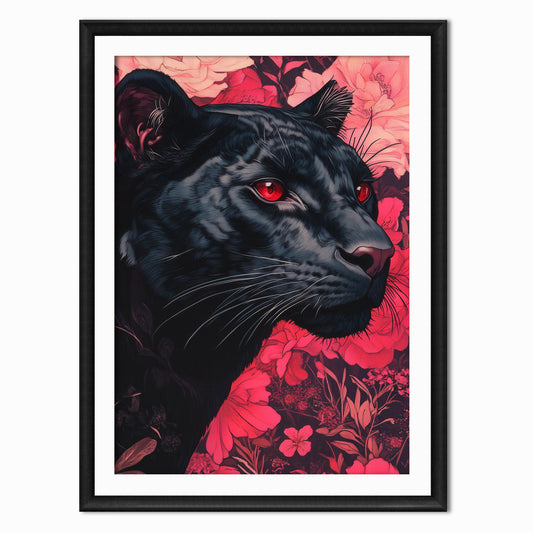 an art print of a black panther with a red floral background