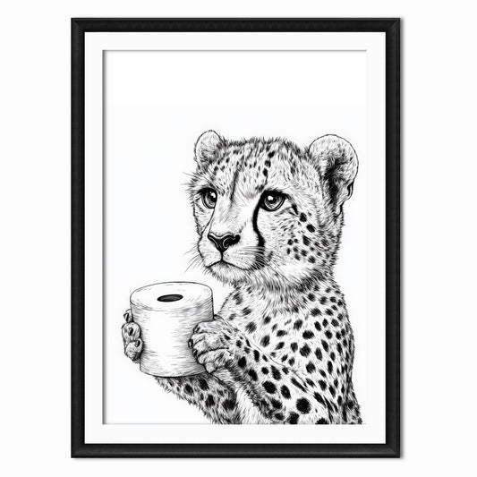 sketch print in black and white of a cheetah holding a toilet roll, shown in a black frame