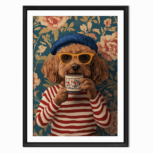 print of a cockpoo dog drinking coffee in a vintage style