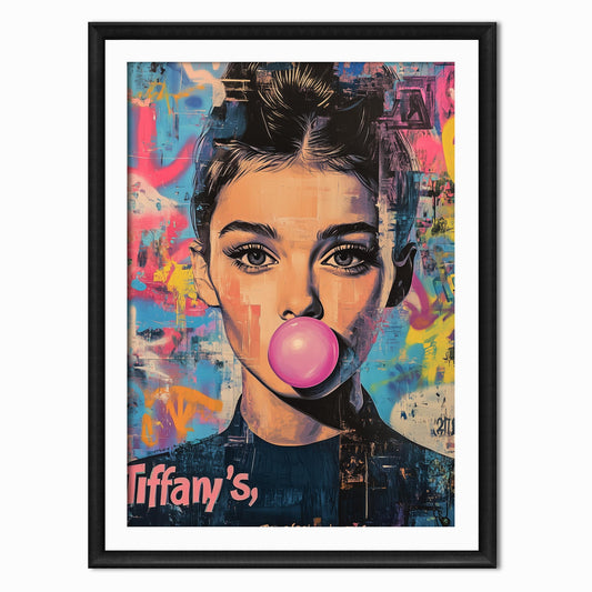 audrey hepburn blowing a bubble of pink bubble gum in a vintage graffiti style