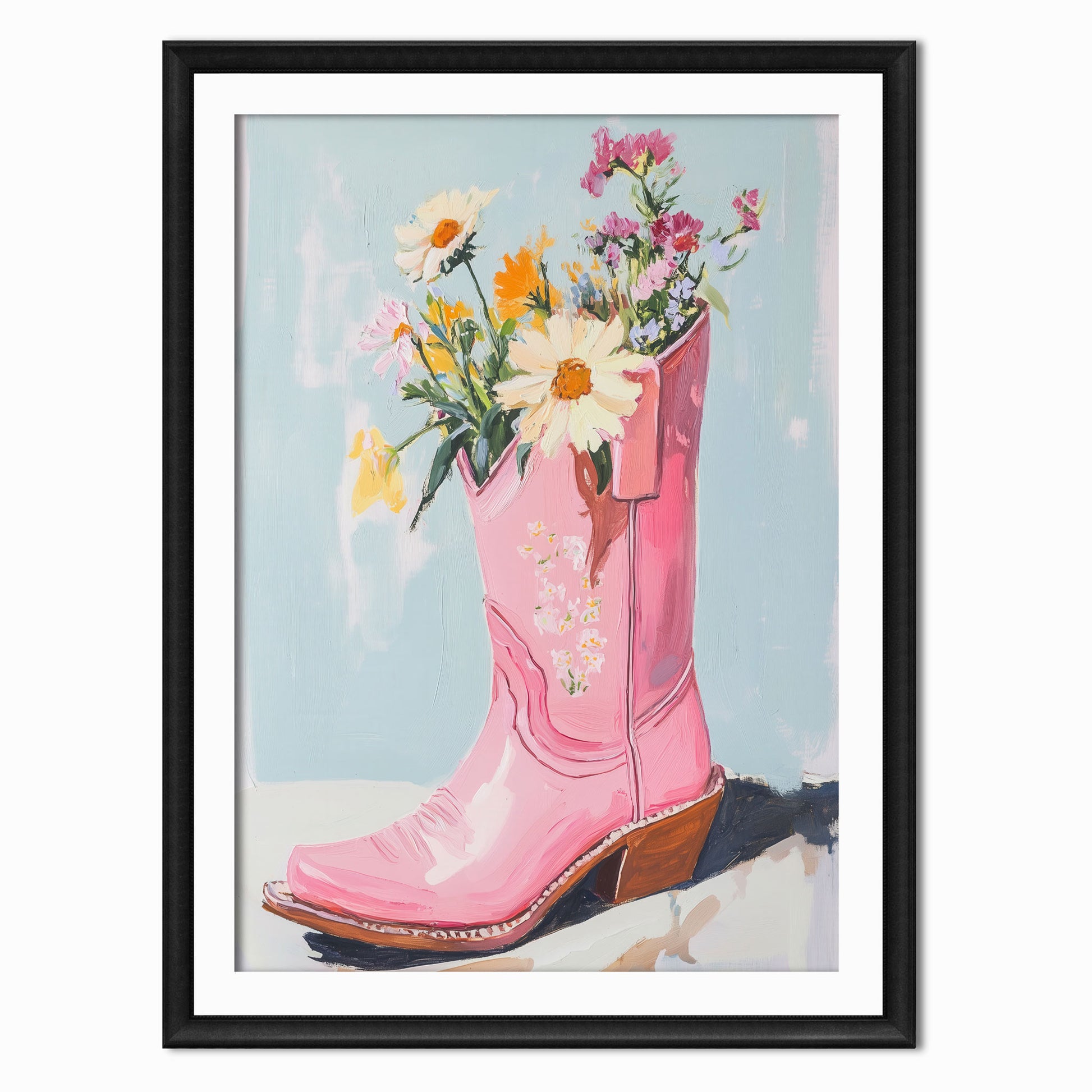 cowboy boot art print with blue background and flowers