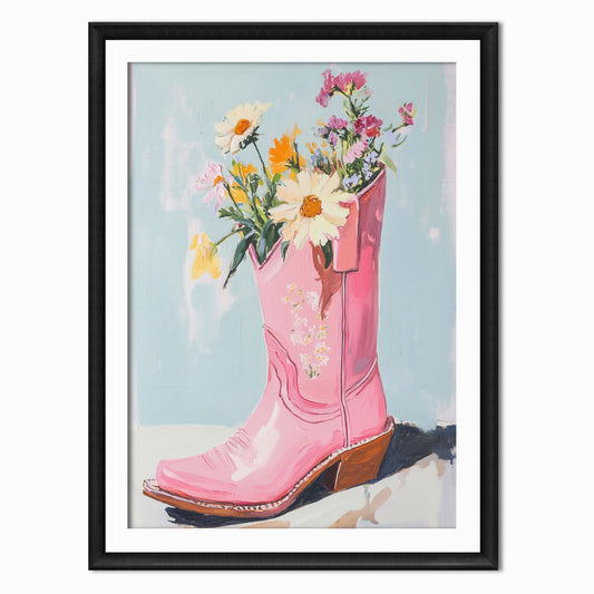 cowboy boot art print with blue background and flowers