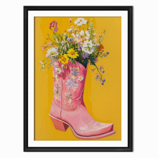 an art print of a pink cowboy boot with wild flowers in it on a yellow background