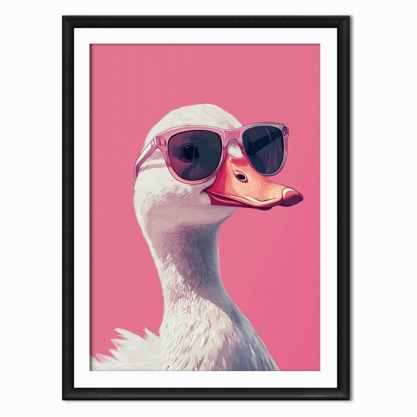 white duck art print wearing pink sunglasses against a pink background shown in a black frame