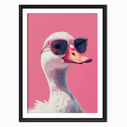 white duck art print wearing pink sunglasses against a pink background shown in a black frame