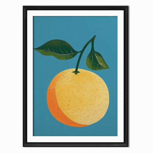 an art print in a retro style of an orange with a blue background