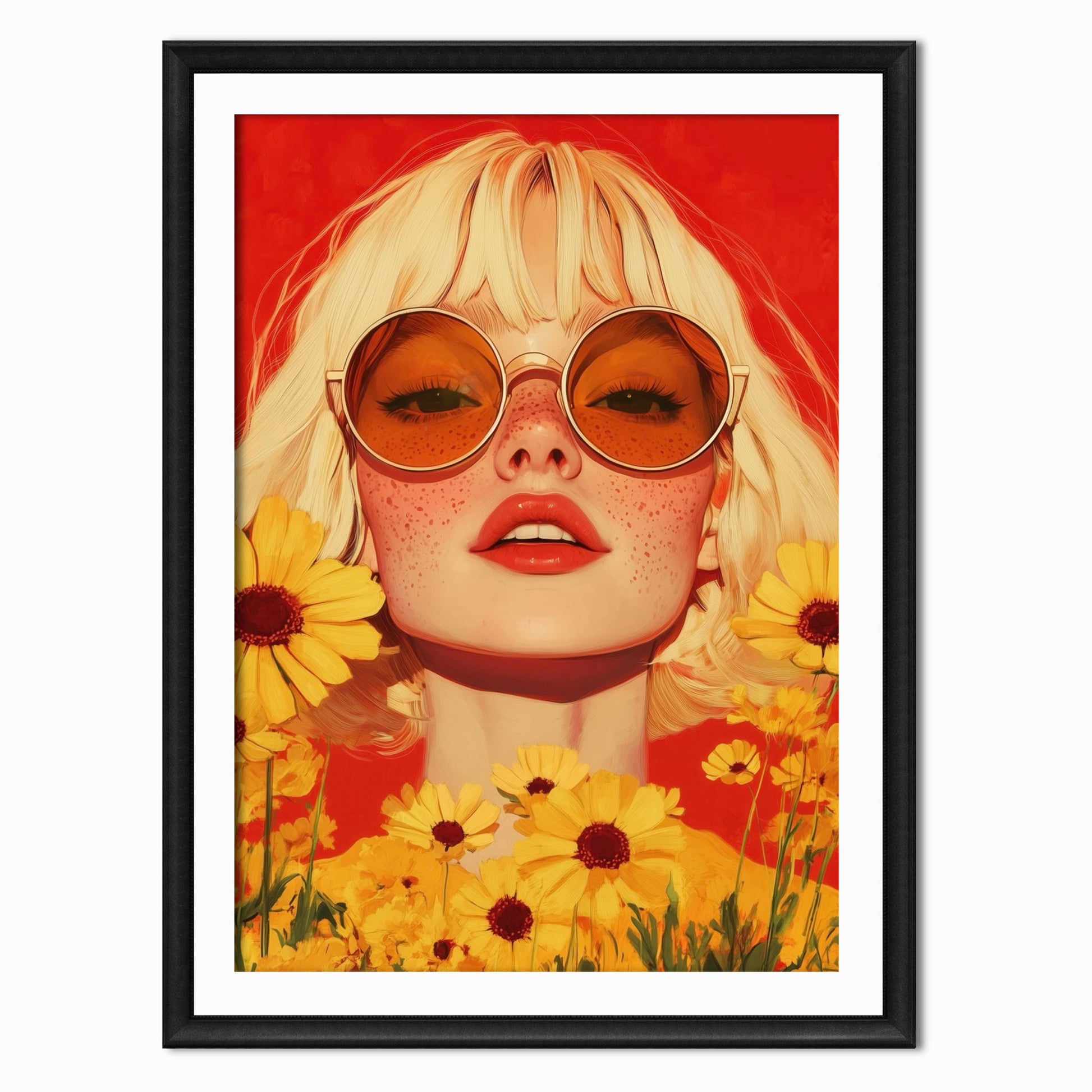 Red and yellow colour scheme print of a retro portrait of a blonde woman surrounded by flowers