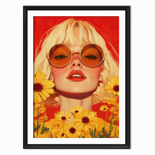Red and yellow colour scheme print of a retro portrait of a blonde woman surrounded by flowers