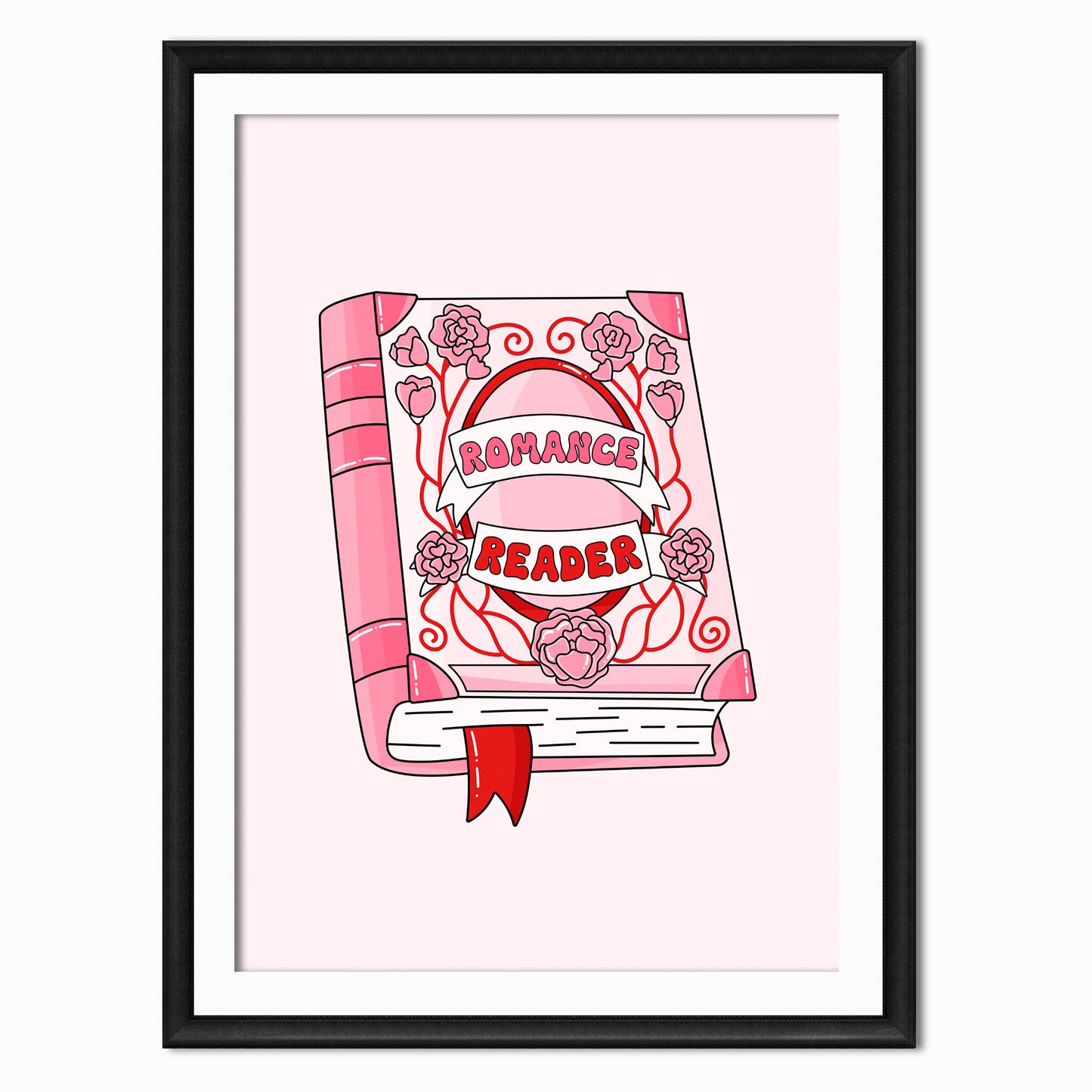 pink and red book themed art print that says Romance Reader in a black frame