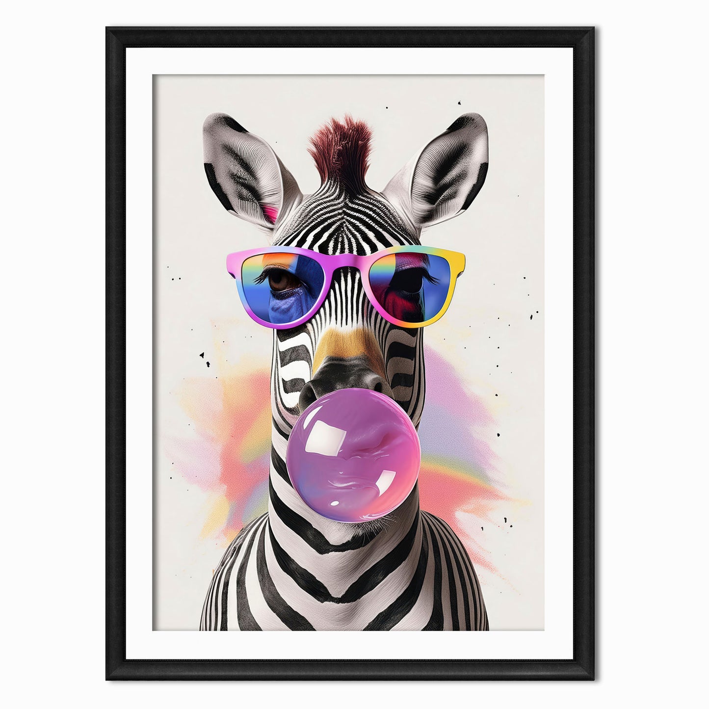 a print of a zebra blowing bubblegum in a black frame 