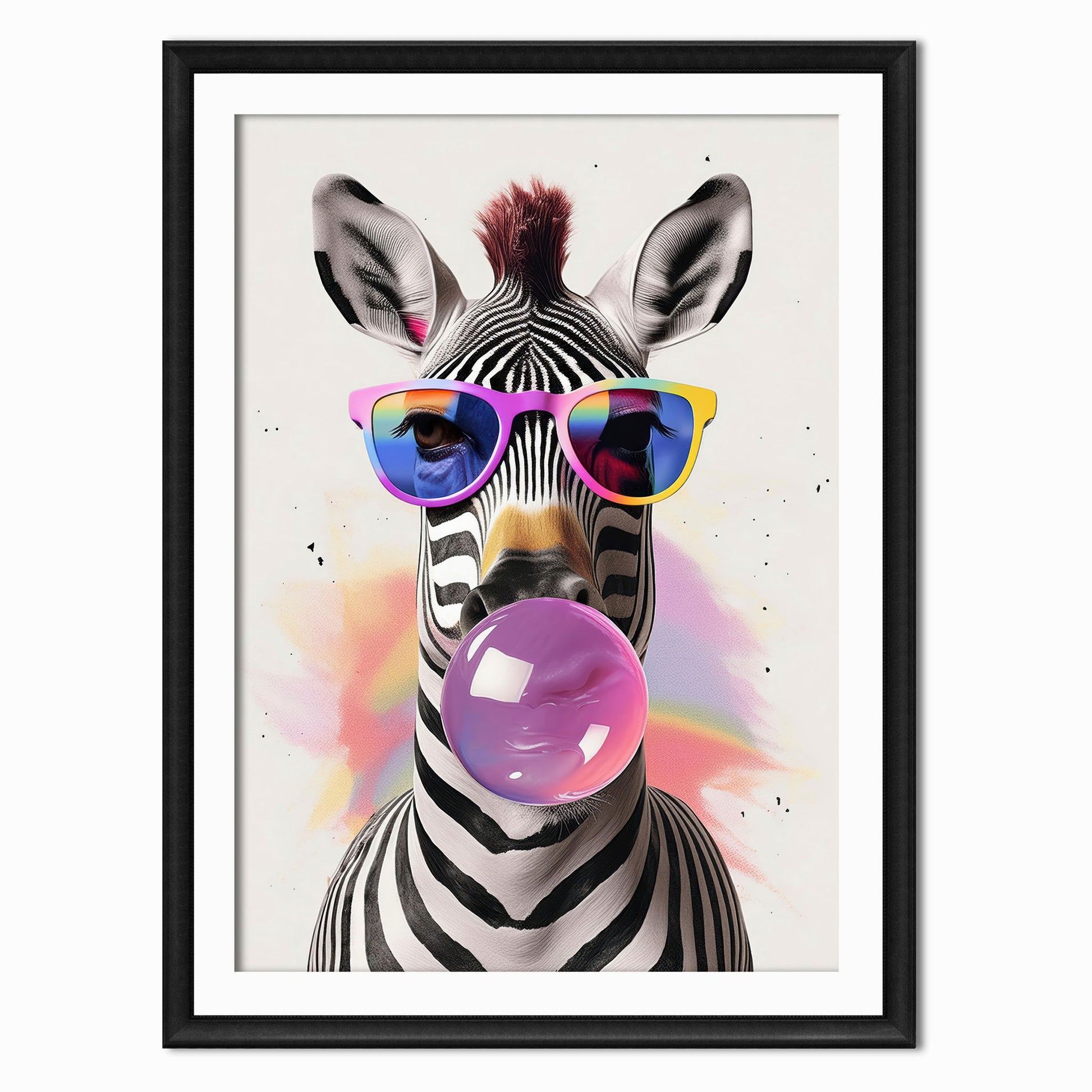 a print of a zebra blowing bubblegum in a black frame 