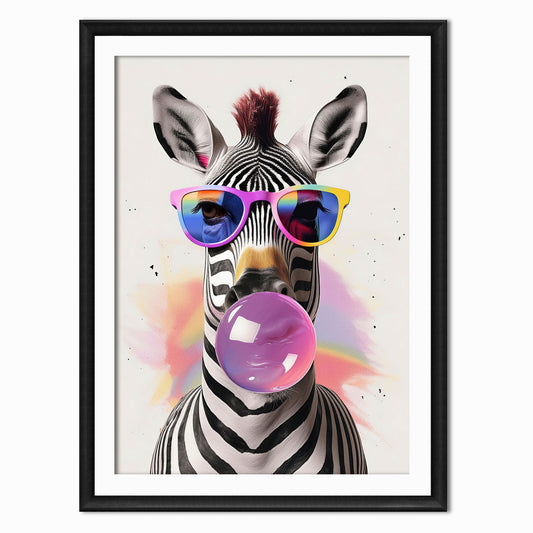 a print of a zebra blowing bubblegum in a black frame 